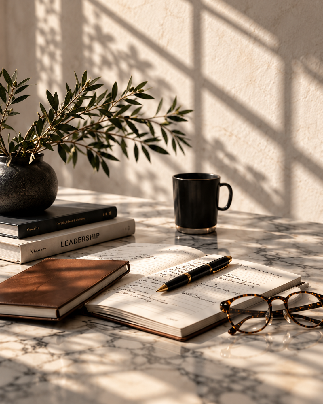 Sunlit executive workspace with an open notebook, pen, coffee mug, and glasses on a marble desk.