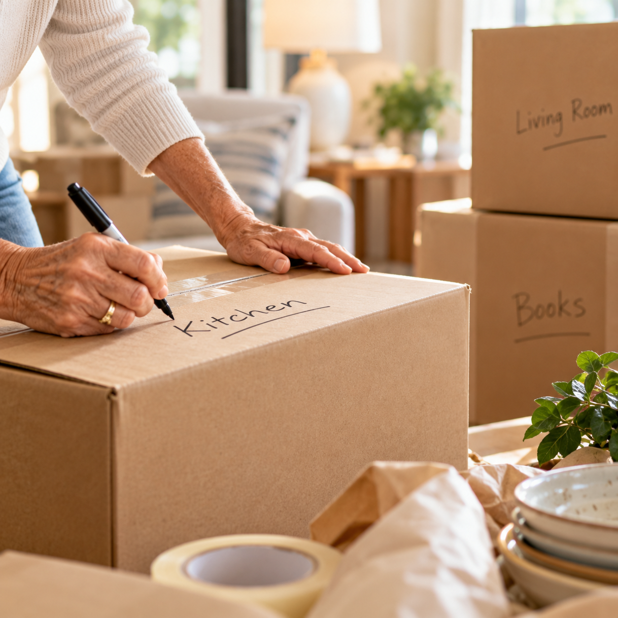 Labeling moving boxes while packing up a home for a move