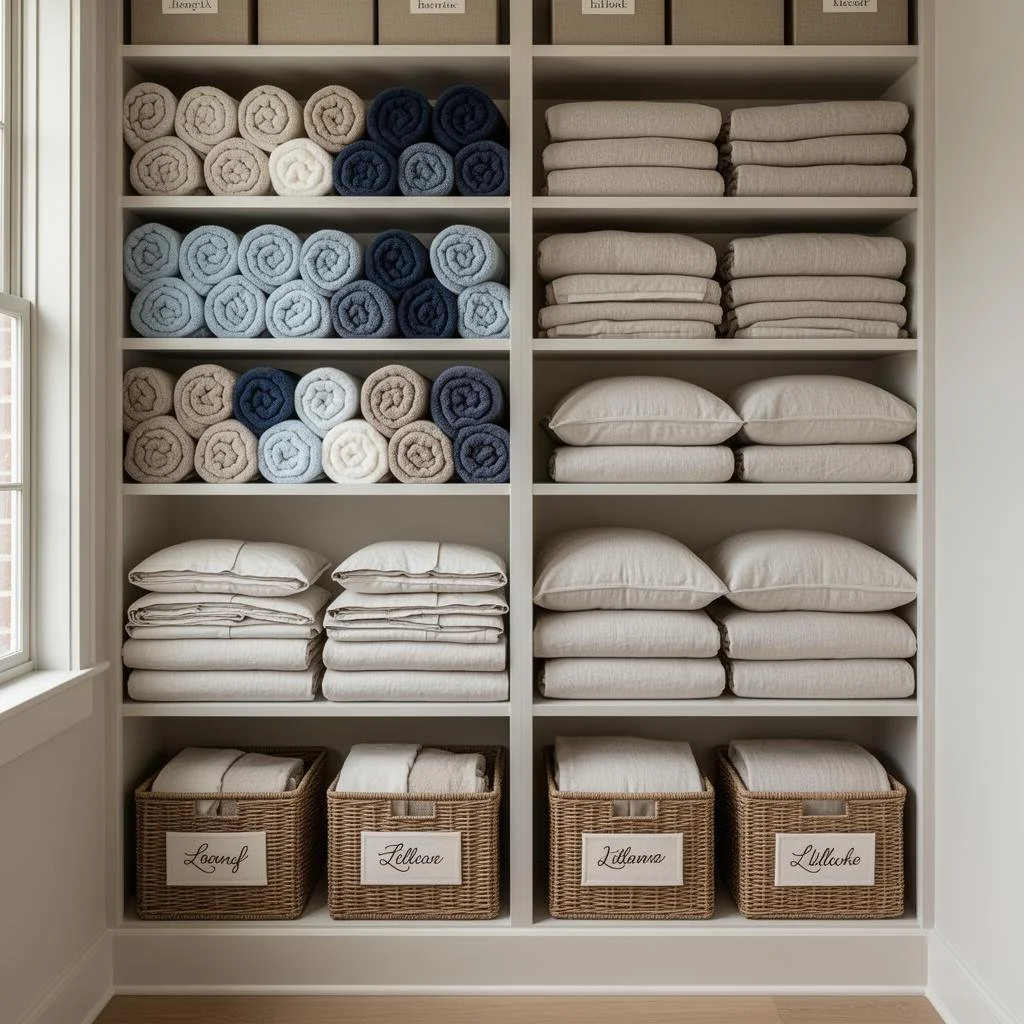 Neatly organized linen closet with folded towels and labeled baskets