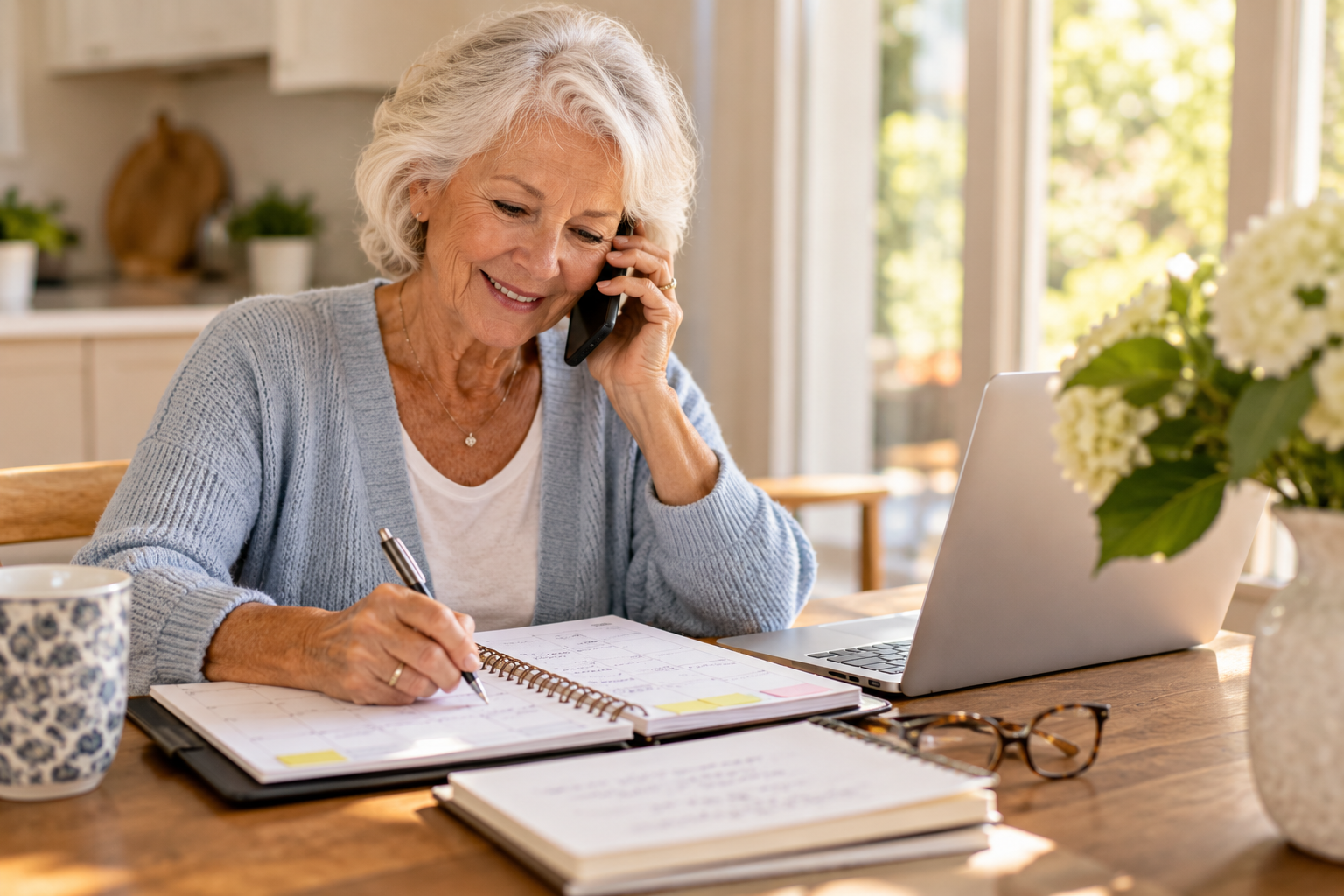 Senior woman on the phone, writing appointments in a planner at her kitchen table