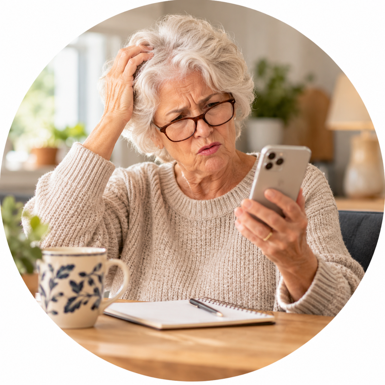 Senior woman getting help understanding her smartphone at the kitchen table