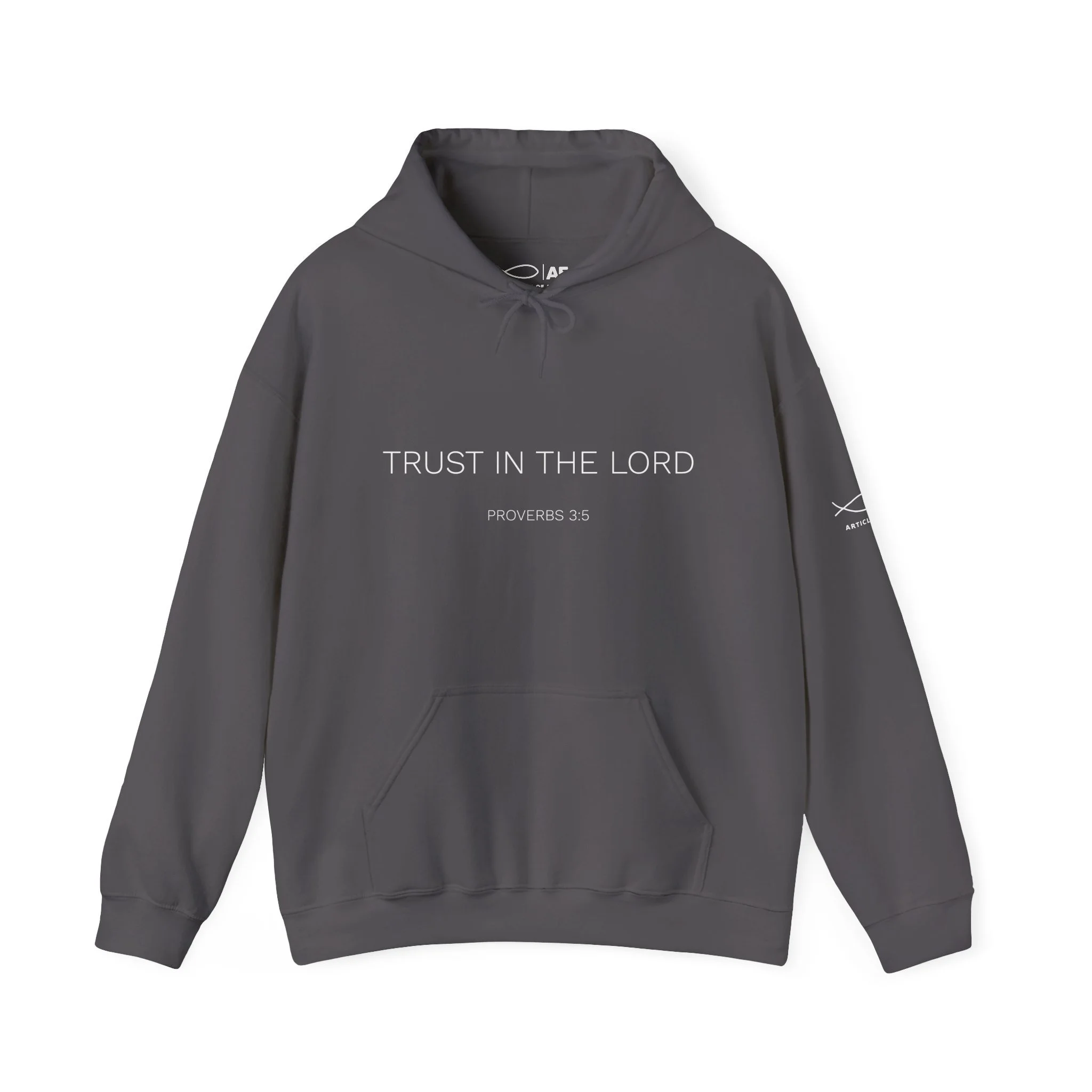 Gray hoodie with text 'Trust in the Lord' and Bible verse Proverbs 3:5 printed on the front.