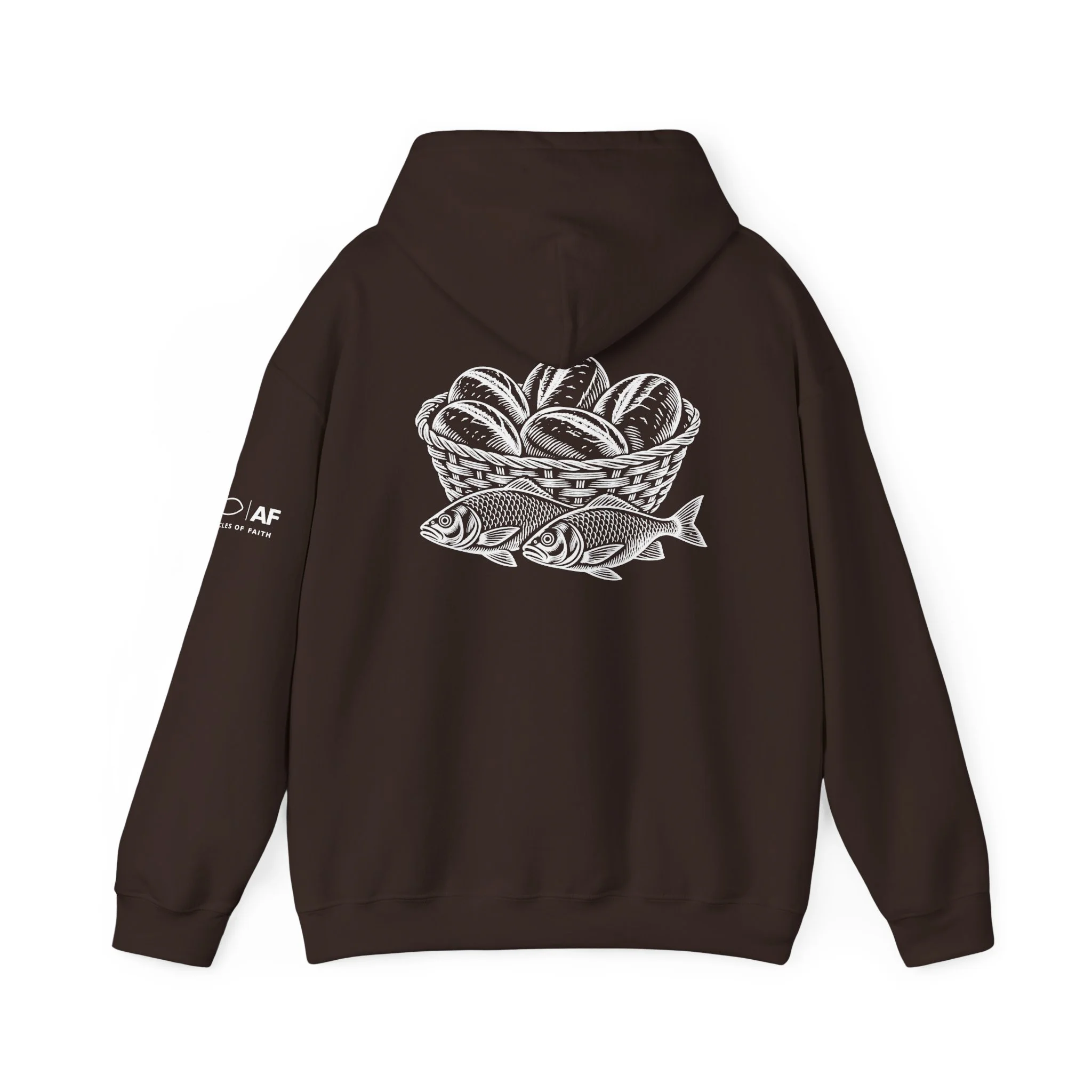 Black hoodie with a white graphicPrint of a basket filled with loaves of bread and a fish at the bottom.