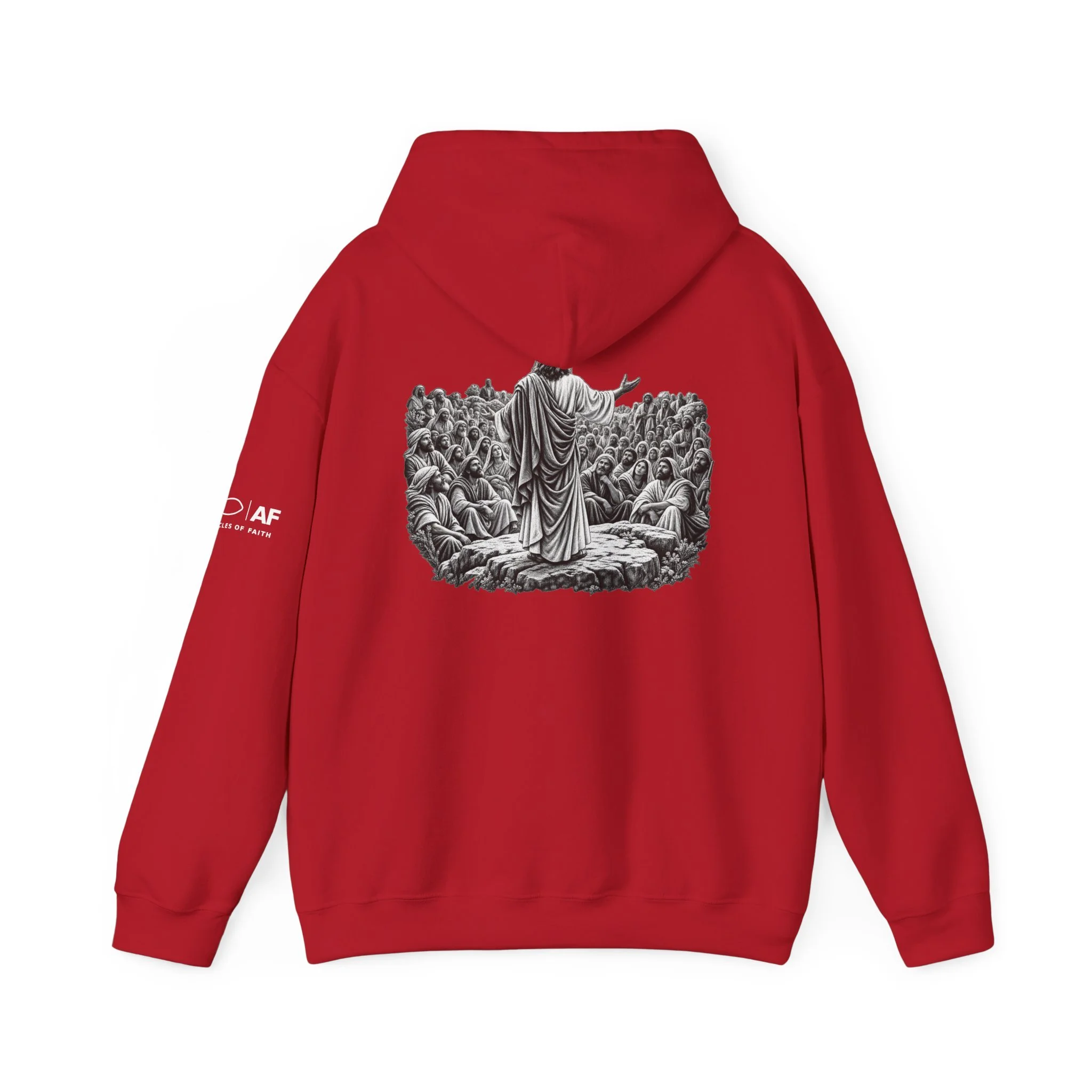 Red hoodie with a graphic of a biblical scene on the front.