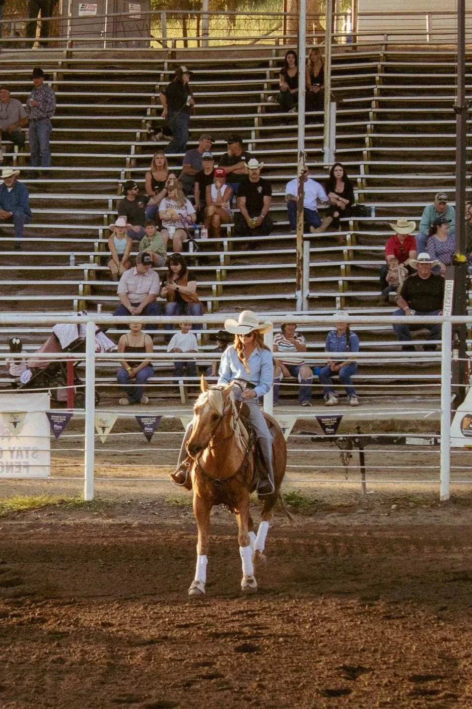 Cowgirl in a white cowboy hat riding a chestnut horse in a rodeo arena, with spectators in the bleachers.