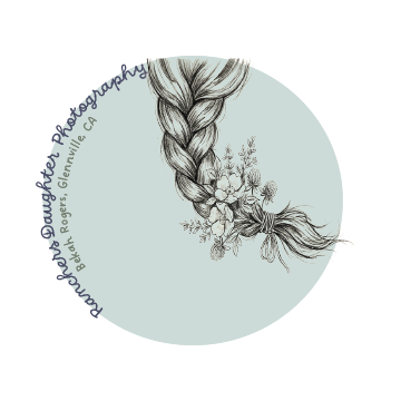 Detailed botanical illustration of a long braided hairstyle adorned with delicate flowers and foliage on a pale blue circular background