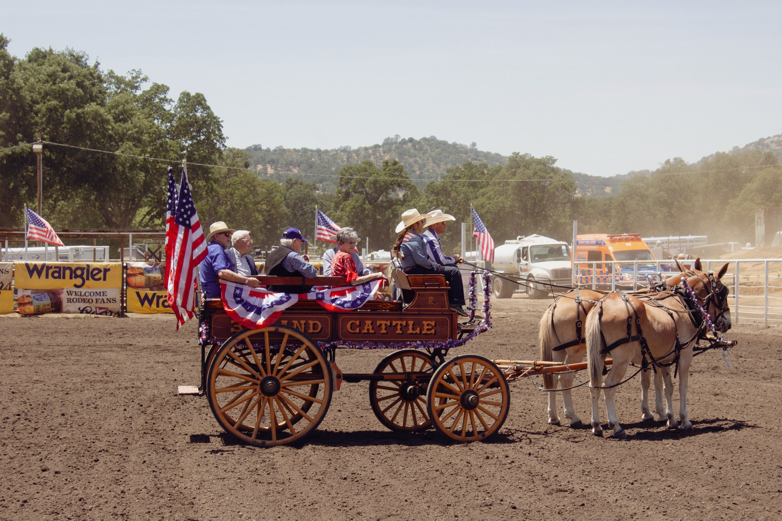 Horse-drawn vintage wagon carrying people and American flags at a rodeo arena