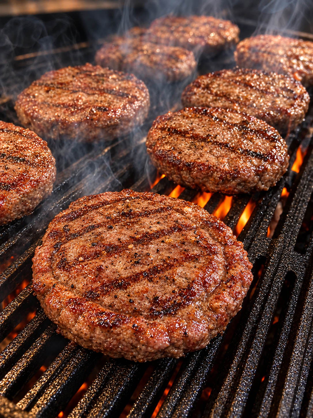 Hamburguesas en una parrilla con marcas de cocción y humo.