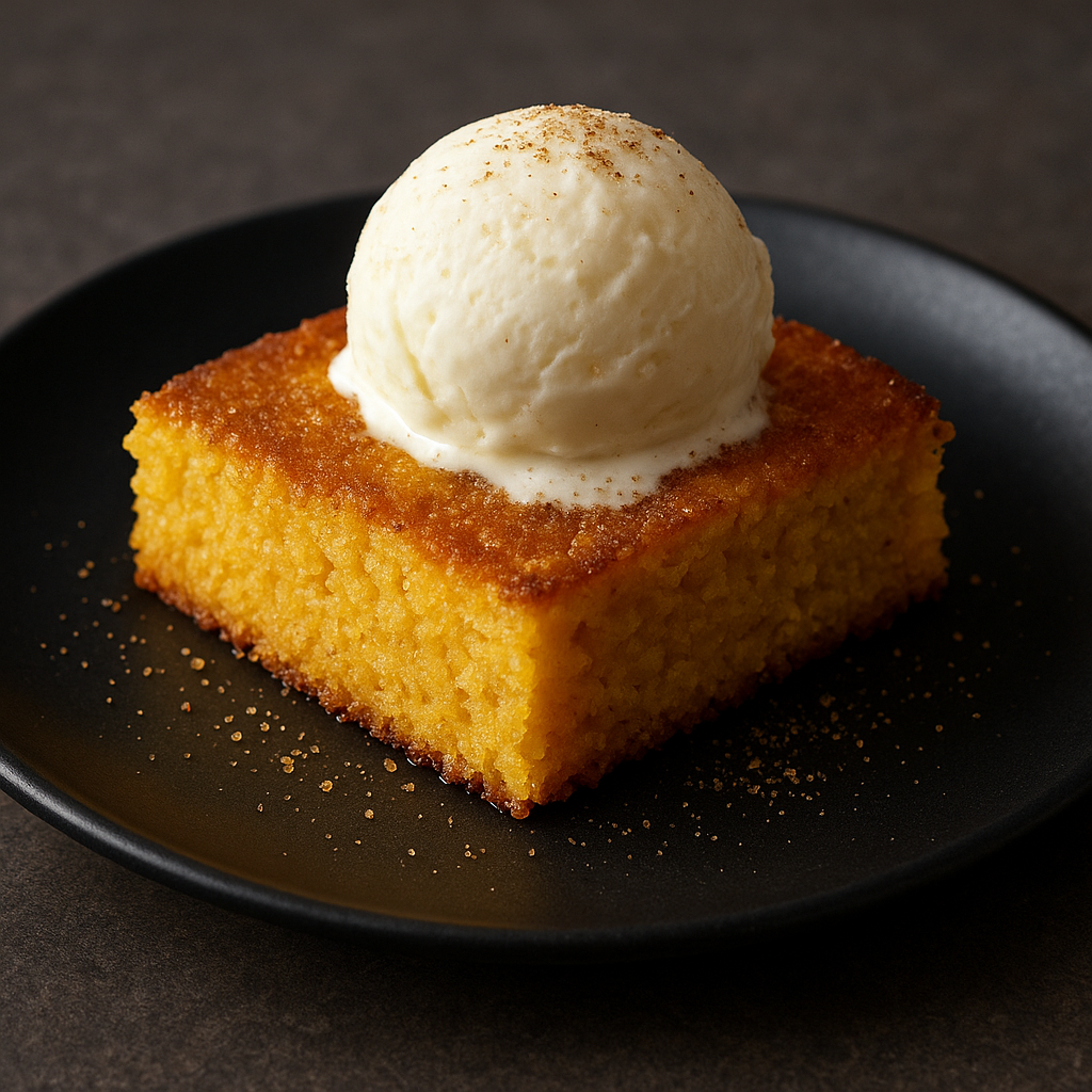 Porción de pastel de maíz con helado de vainilla y canela en un plato negro.