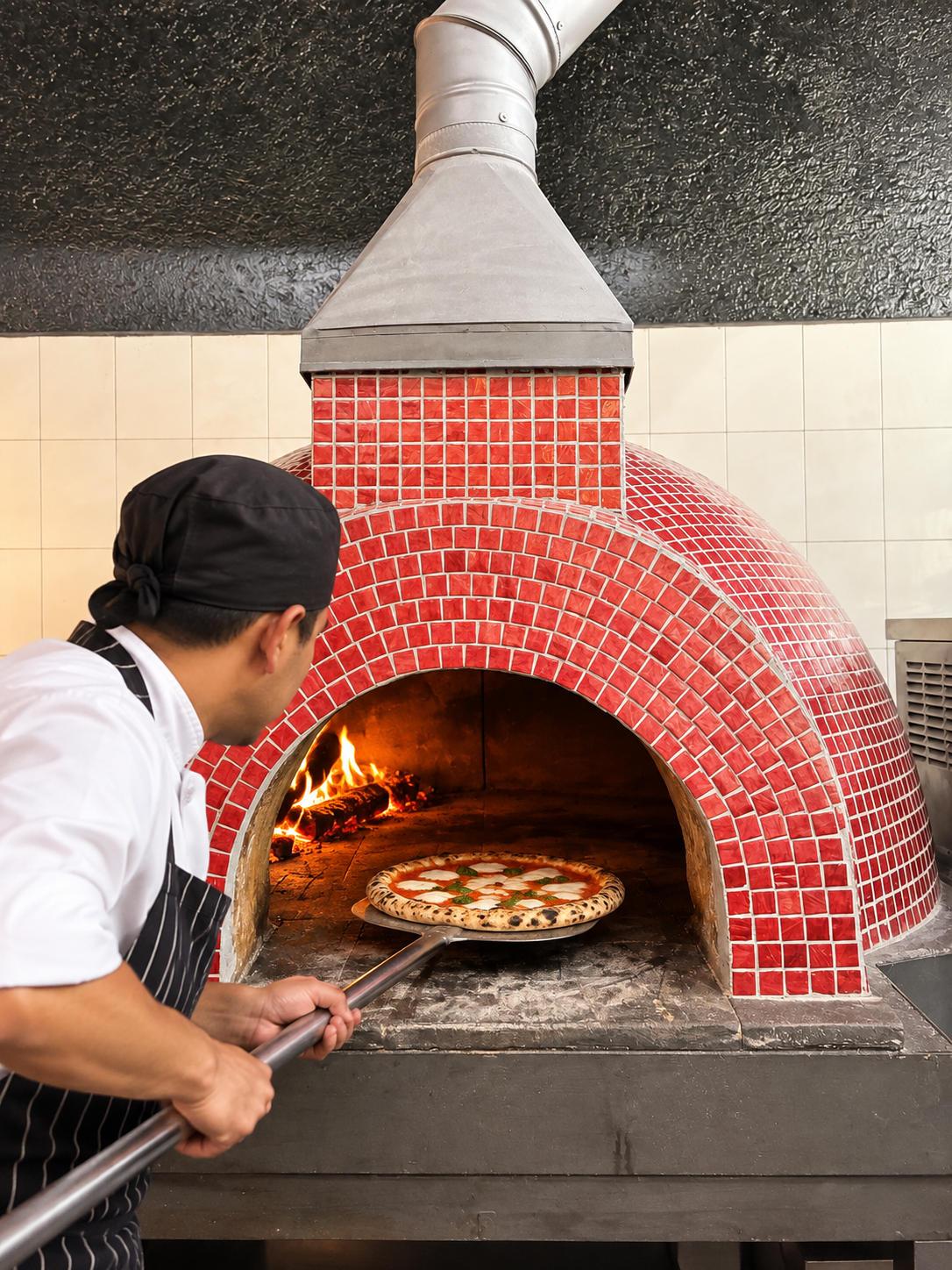 Nuestro chef pizzero preparando y horneando pizzas artesanales con ingredientes de calidad en Leduc 136