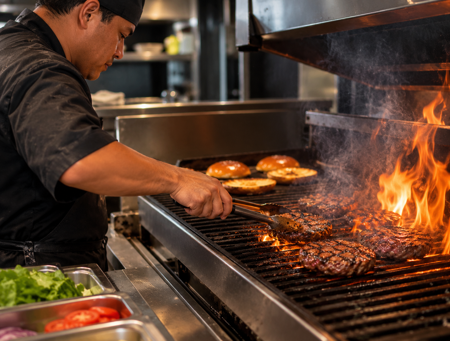 Cocinero asando carne y hamburguesas en una parrilla de restaurante Leduc 136
