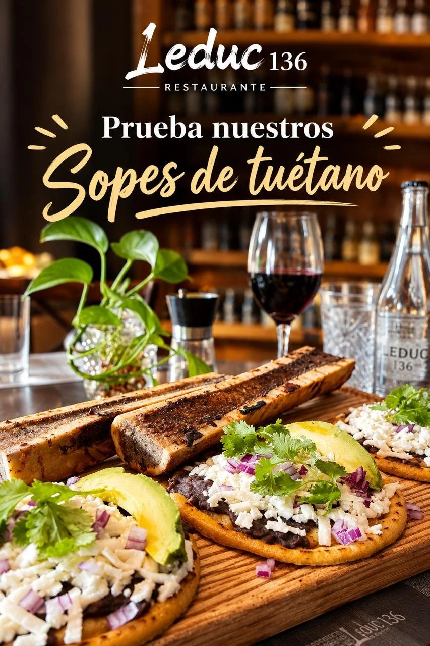 Tacos de carne de duézno con cilantro, cebolla y aguacate, junto a costillas de cerdo en una tabla de madera, en un restaurante llamado Leduc 136.