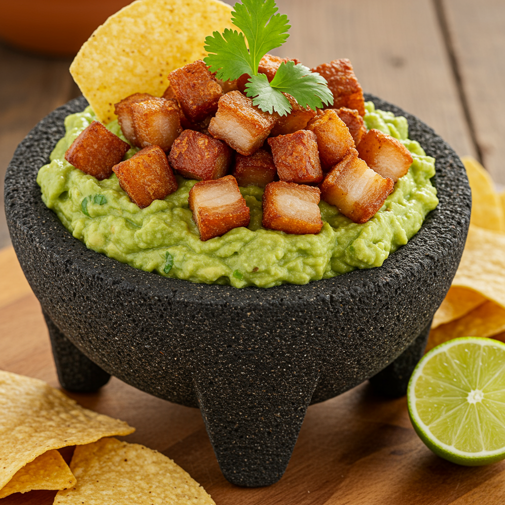 Cazuela de piedra con guacamole, cubos de tocino crujiente, una rodaja de limón, chips de tortilla y cilantro