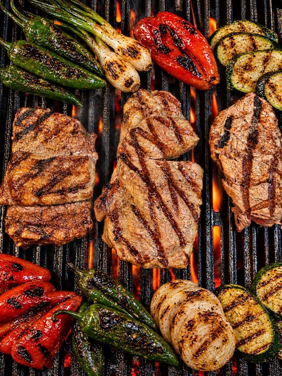 Carne a la parrilla con verduras asadas, incluyendo pimientos, cebollas, y calabacines.
