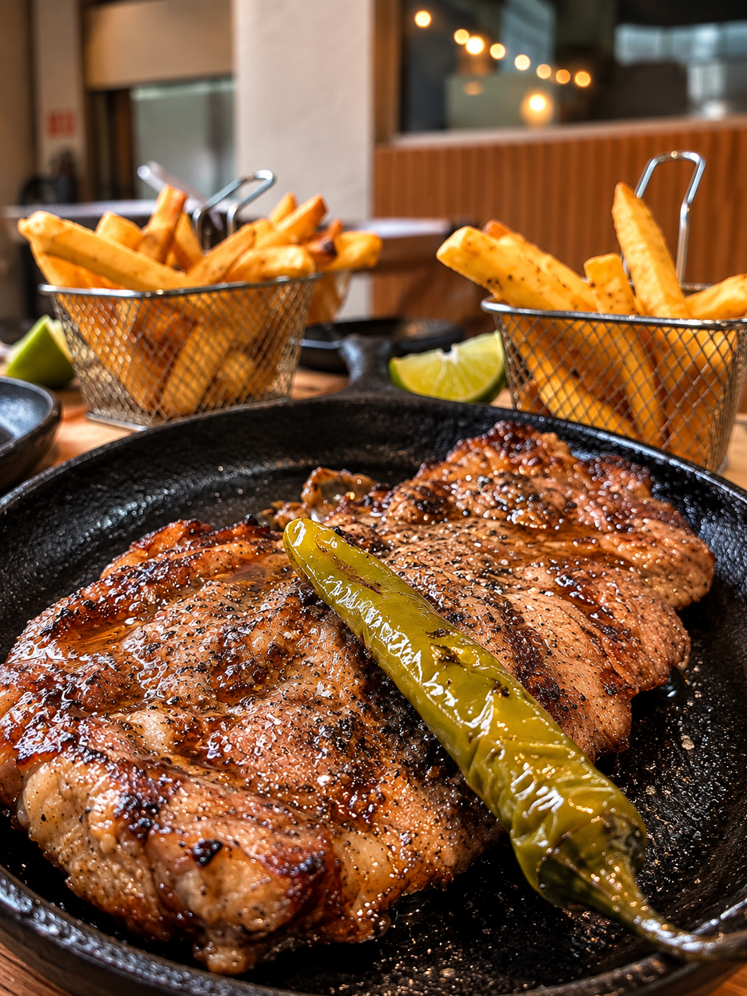 Filete de carne asada con un jalapeño en una sartén, acompañada de papas fritas en cestas y limones en el fondo.