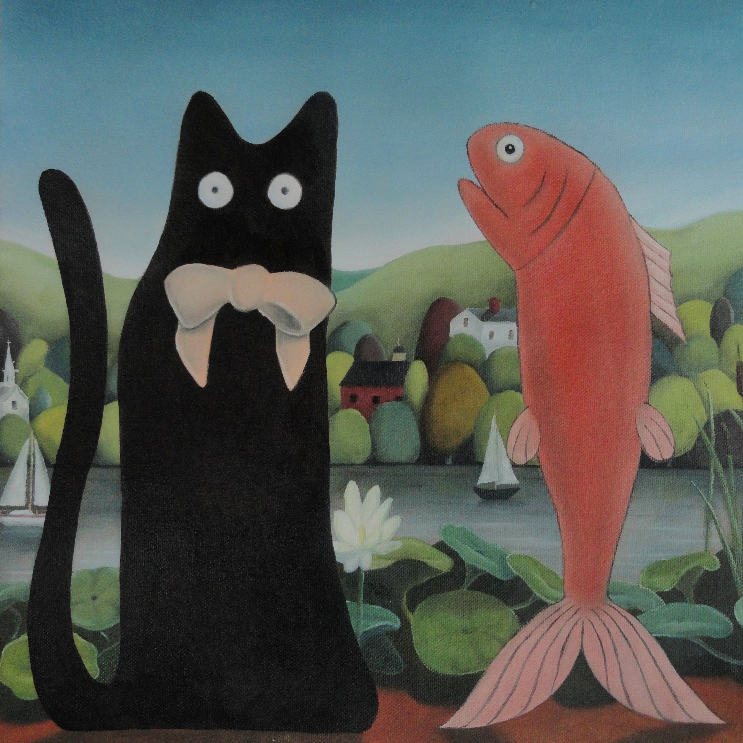 Cartoon of a black cat with large white eyes and a white bow tie standing outdoors, and a pink fish with big eyes, fins, and tail, on a background of green hills, trees, and a small house, under a blue sky.