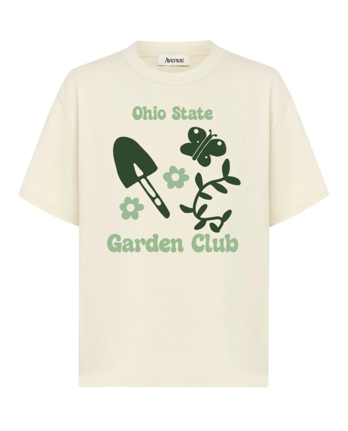 A cream-colored t-shirt with green text and graphics reading "Ohio State Garden Club." The design includes a small garden trowel, a butterfly, and a branch with leaves and small flowers.