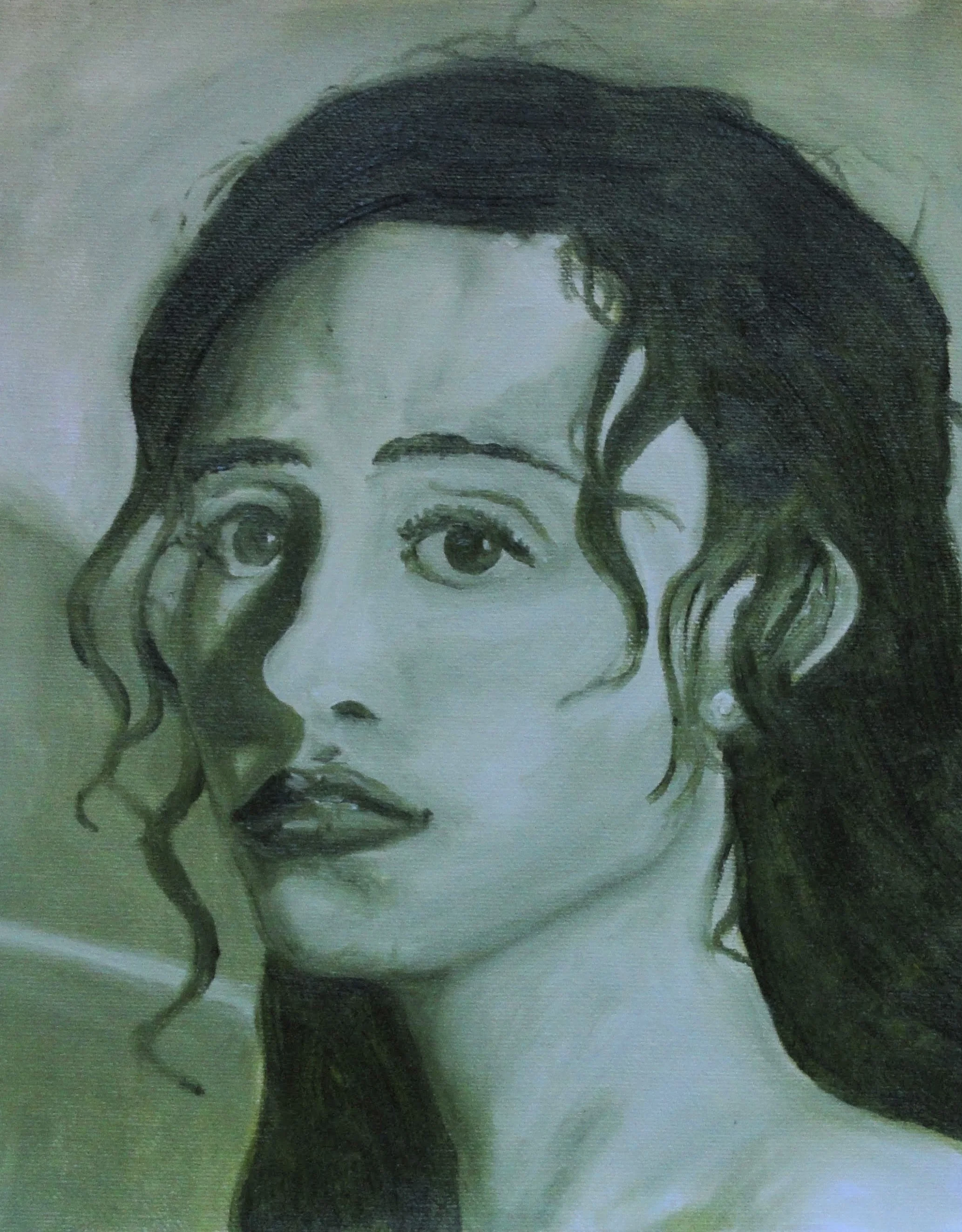 A black and white drawing of a woman's face with curly hair, expressive eyes, and full lips.