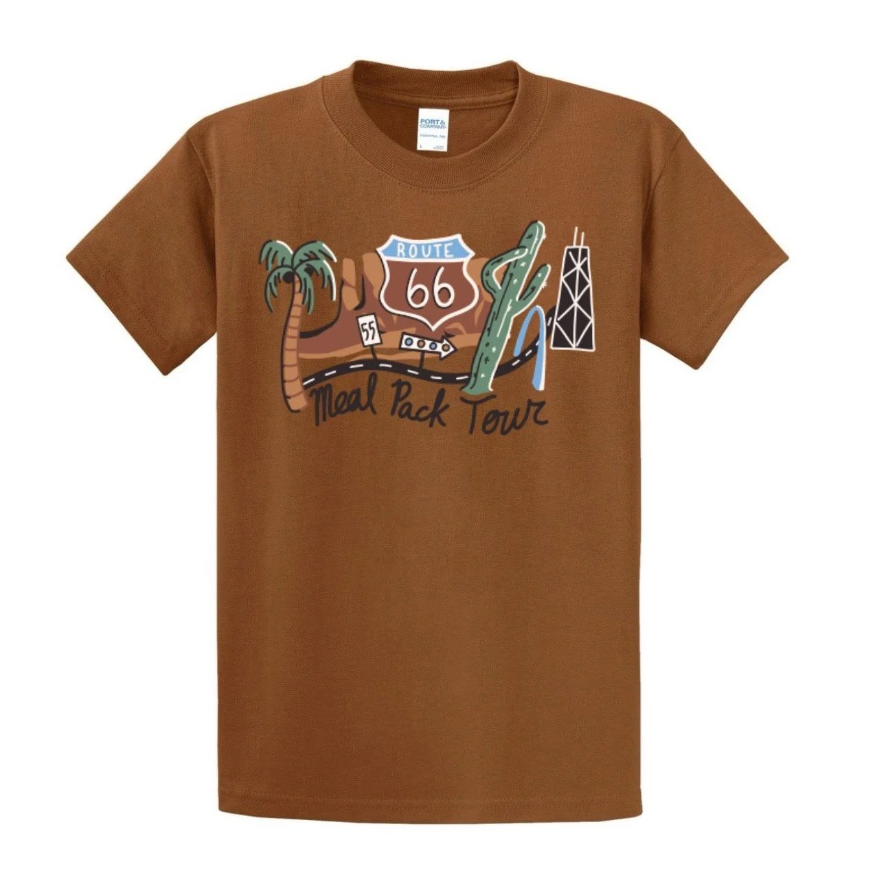 Brown T-shirt with Route 66 sign, palm tree, cactus, and a road illustration with the text 'Meal Pack Tour'.