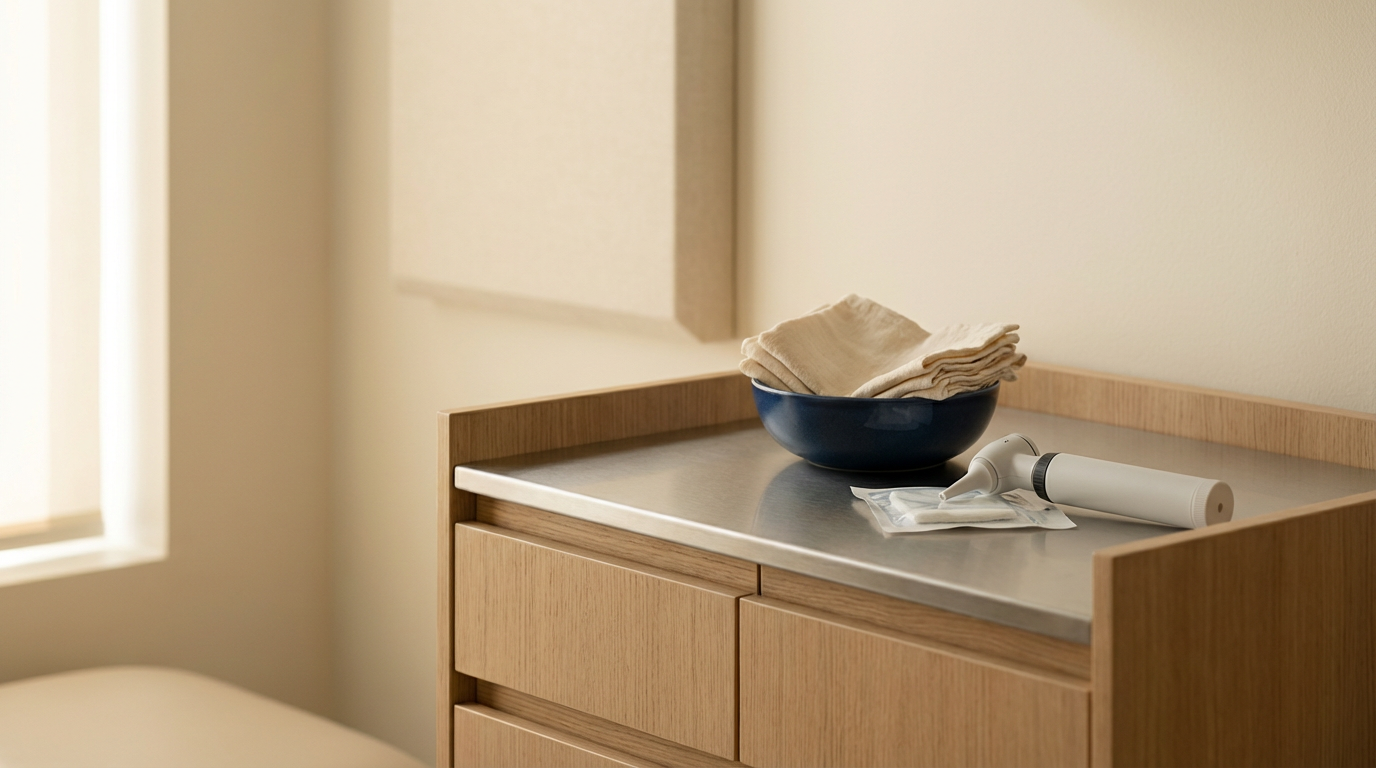 Medical supplies including a blood pressure cuff, gauze, and gloves on a wooden medical cart in a clinic or hospital room.