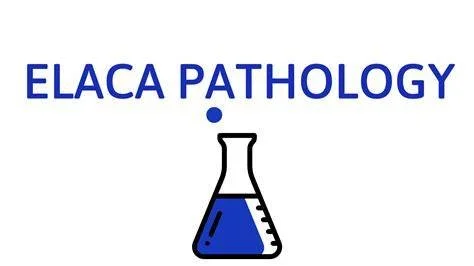 Text saying 'ELACA PATHOLOGY' above a laboratory flask filled with blue liquid.