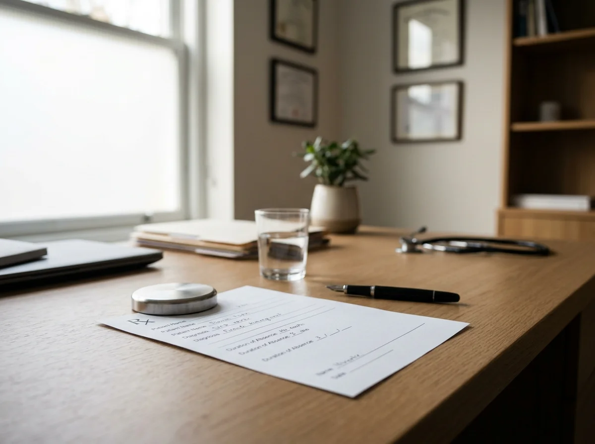 Doctor's office with a medical prescription, stethoscope, pen, glass of water, and potted plant on a wooden desk, with framed certificates on the wall and bookshelves in the background.