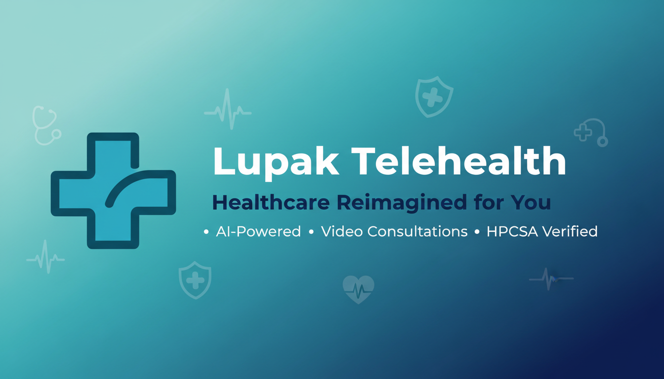 Lupak Telehealth logo with a medical cross icon and tagline 'Healthcare Reimagined for You' on a blue gradient background with health icons