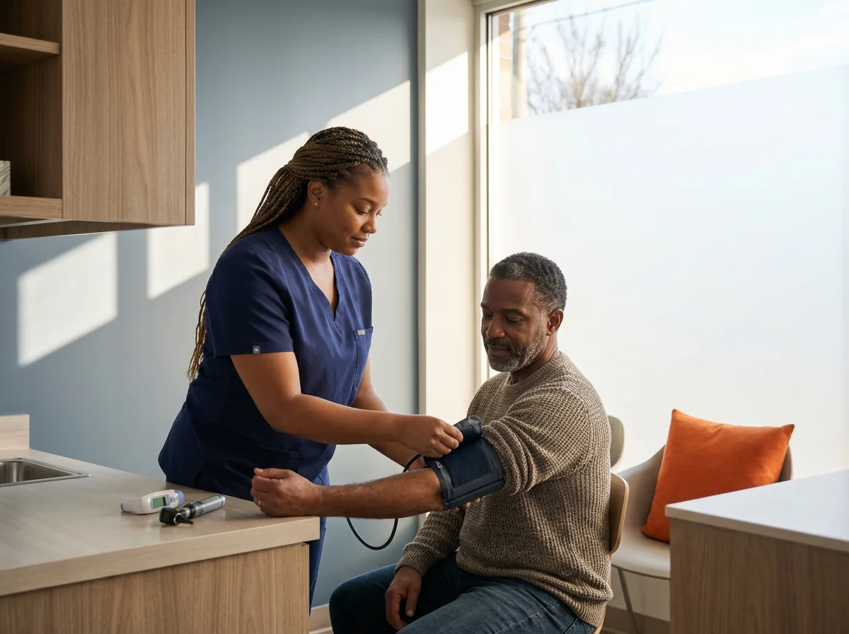 A healthcare worker taking a middle-aged man's blood pressure in a bright room with a large window.