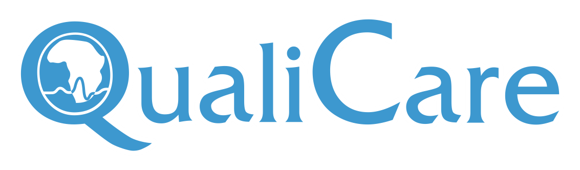 QualiCare logo with a stylized magnifying glass containing a map of Africa