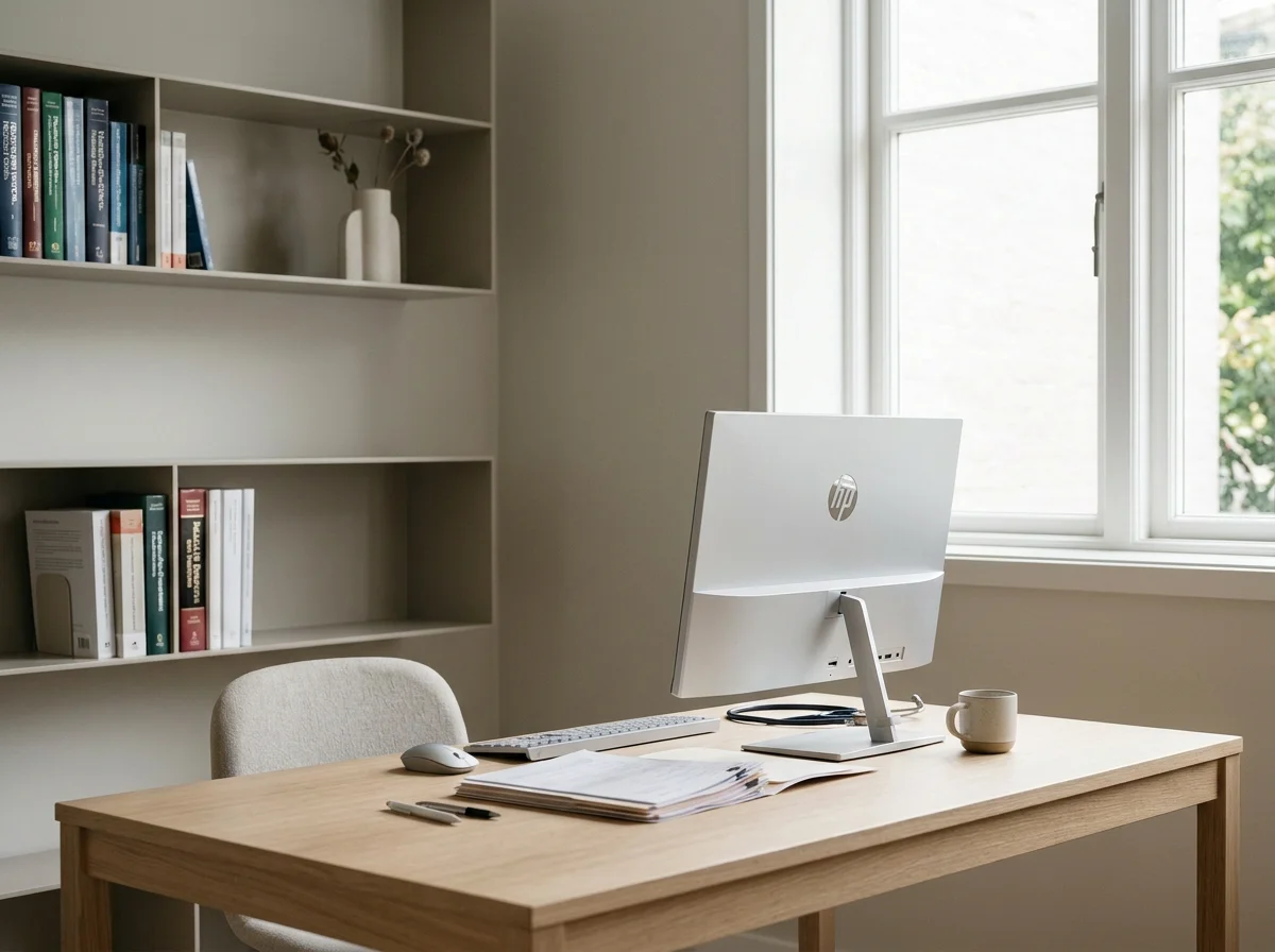 An organized home office with a wooden desk, a computer monitor, a white mug, stack of papers, a pen, a pencil, and a calendar, with a bookshelf and a window letting in natural light.