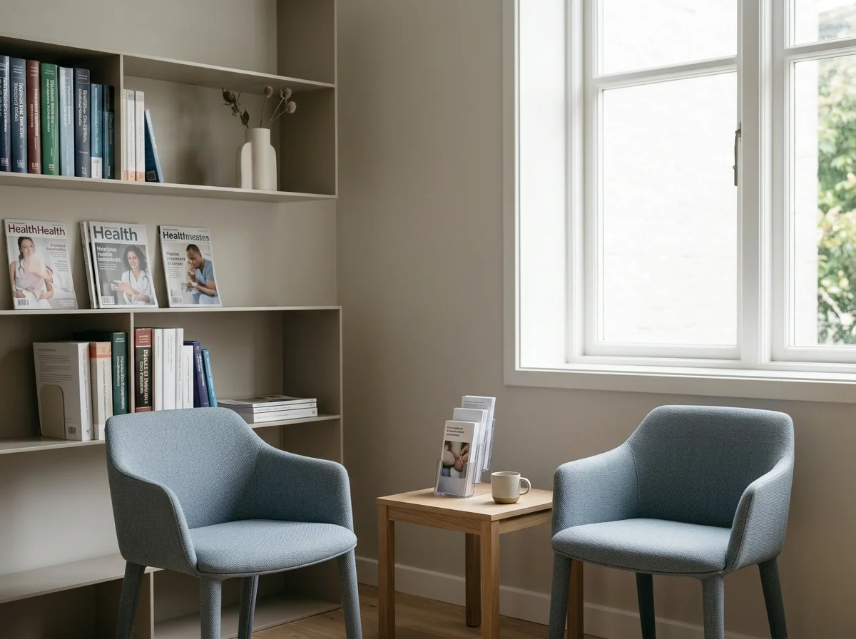 A cozy reading nook featuring two light gray upholstered chairs, a small wooden side table with magazines and a mug, a beige wall with built-in shelves filled with books and magazines, and a large window allowing natural light to brighten the space.