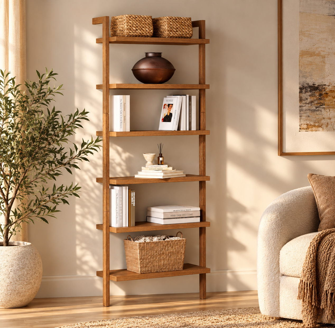 Scandinavian 6-Shelf Wooden Wall Mounted Bookcase