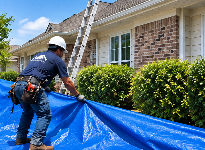 A worker in a white helmet and blue shirt working outside a house, setting up a blue tarp on the ground. There is a ladder leaning against the house and green bushes along the side.