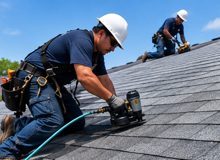 Two roofers installing shingles on a sloped roof under blue sky, wearing safety helmets and work gloves.