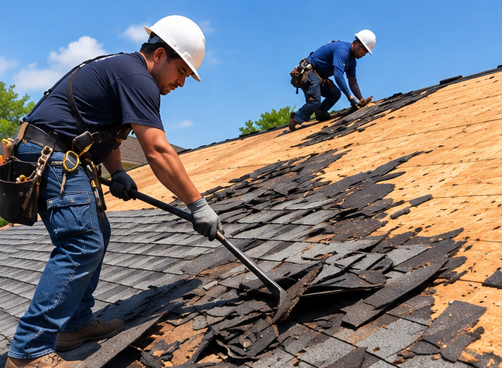 Two workers in safety helmets and gloves repairing a sloped roof with black shingles, with a clear blue sky in the background.