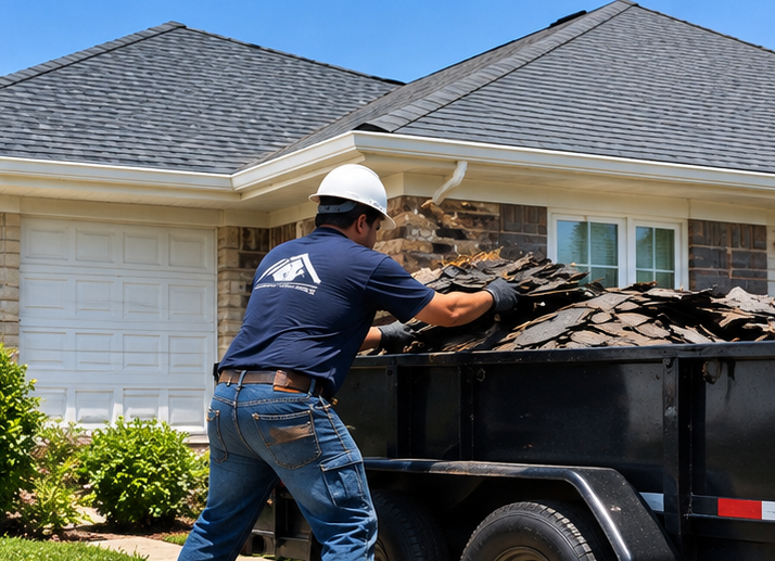 A worker wearing a white safety helmet and gloves loading old asphalt shingles into a black trailer in front of a suburban house with a garage and bushes.