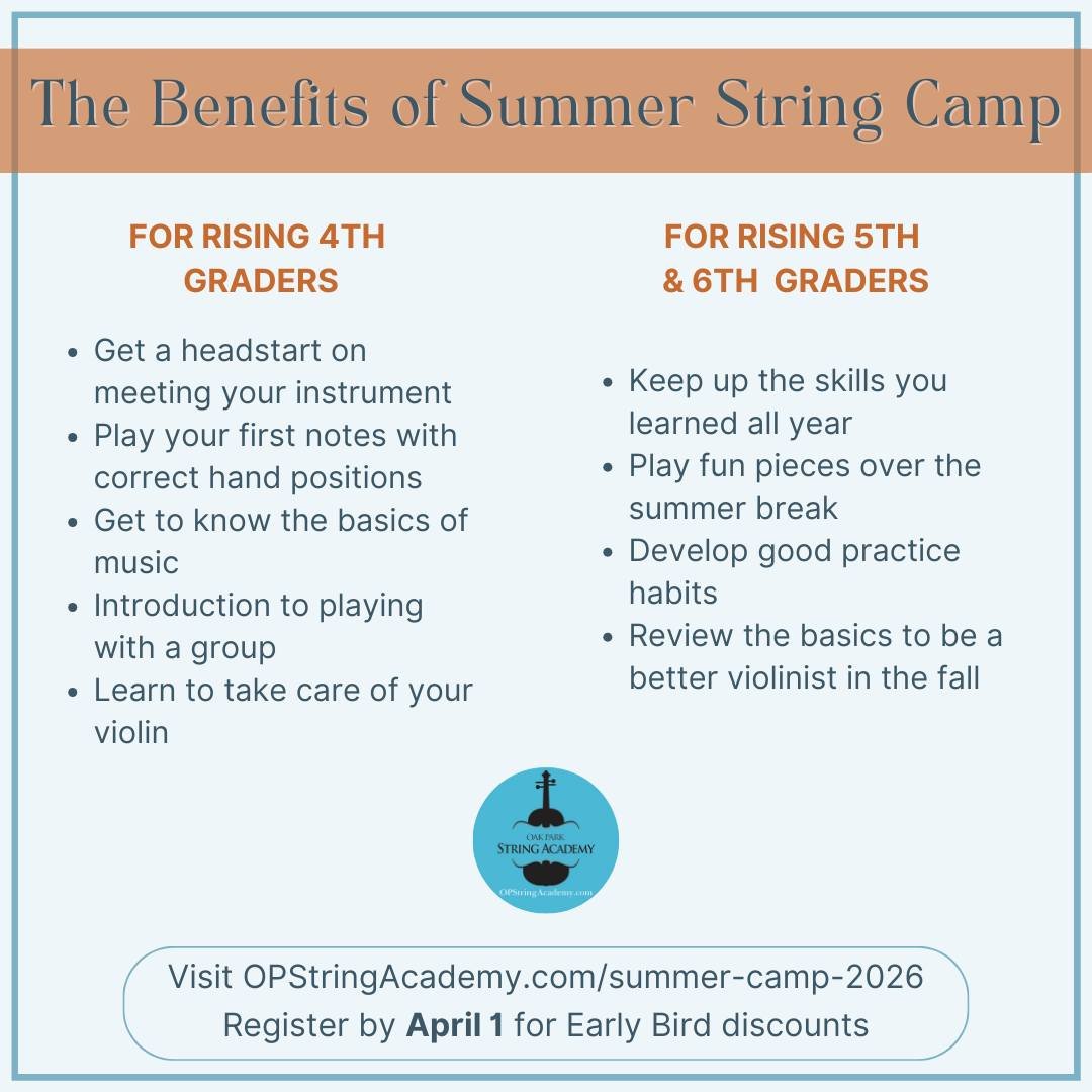 Why sign up for Summer Strings Camp?
There are so many reasons!

The benefits to your young musician start with skills and ends with confidence. IN addition to learning their instrument and growing musically, the friendships built and skills gained a