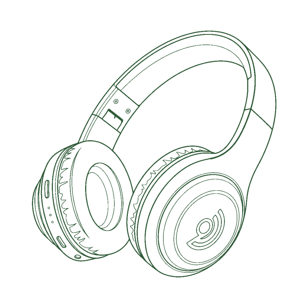 Line drawing of over-ear wireless headphones with adjustable headband and padded ear cups.
