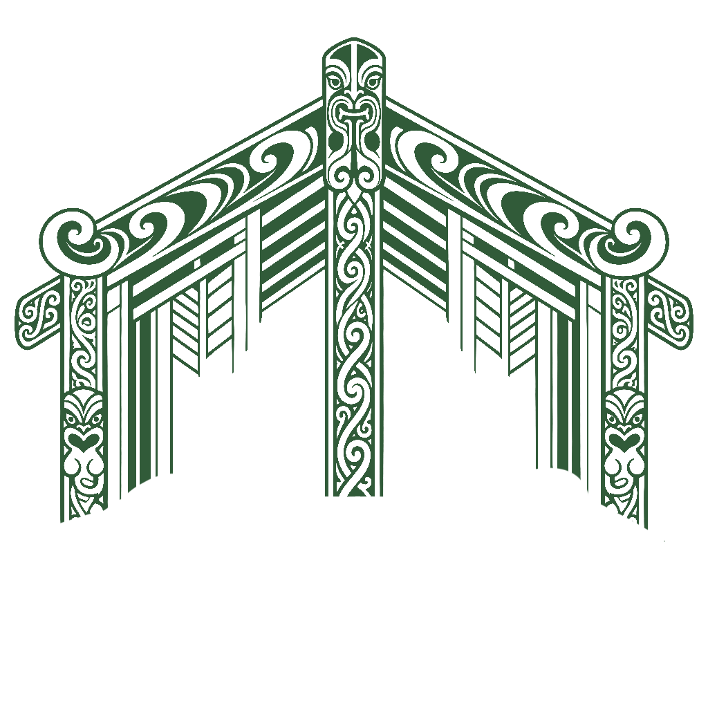 Illustration of a traditional, ornate Maori-style carved archway with intricate patterns and face motifs.