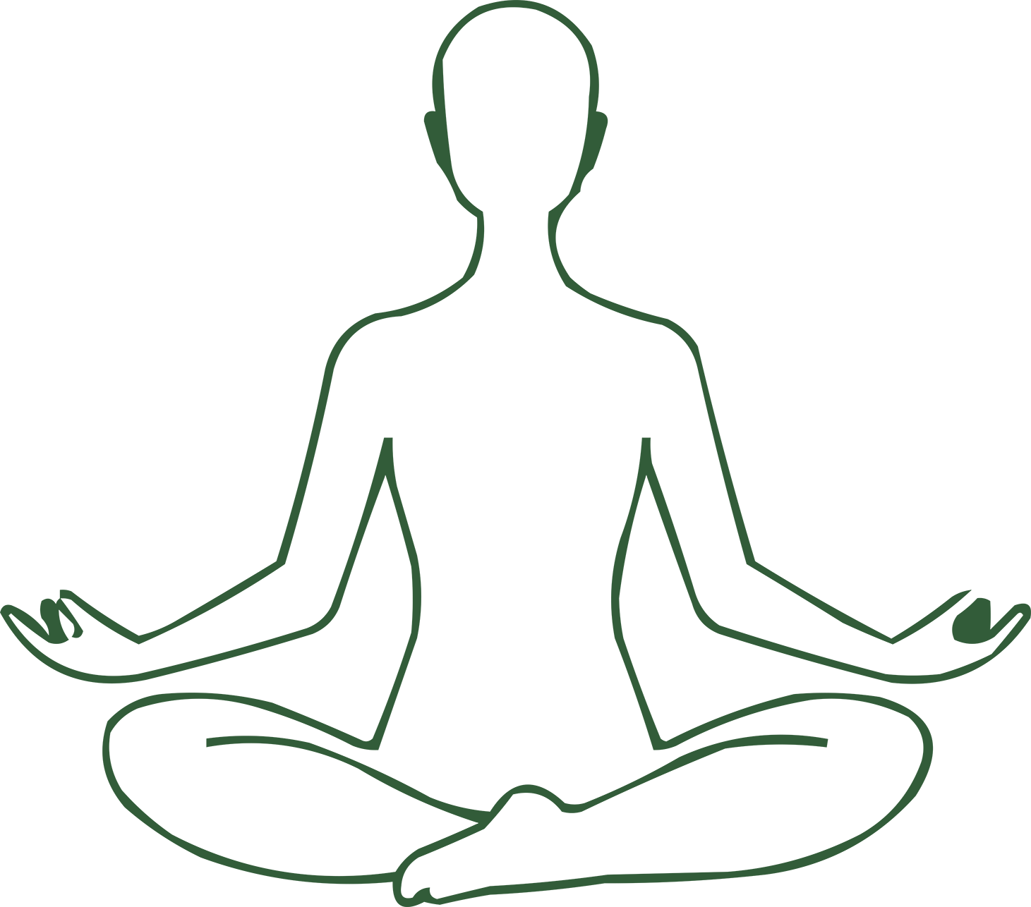 Outline drawing of a person sitting cross-legged in a meditative pose with hands resting on the knees, palms facing upward.