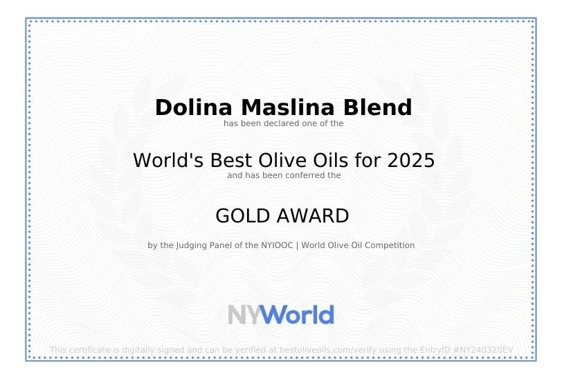 Certificate awarded to Dolina Maslina Blend for winning the Gold Award for World's Best Olive Oils for 2025 in the NY World Olive Oil Competition.