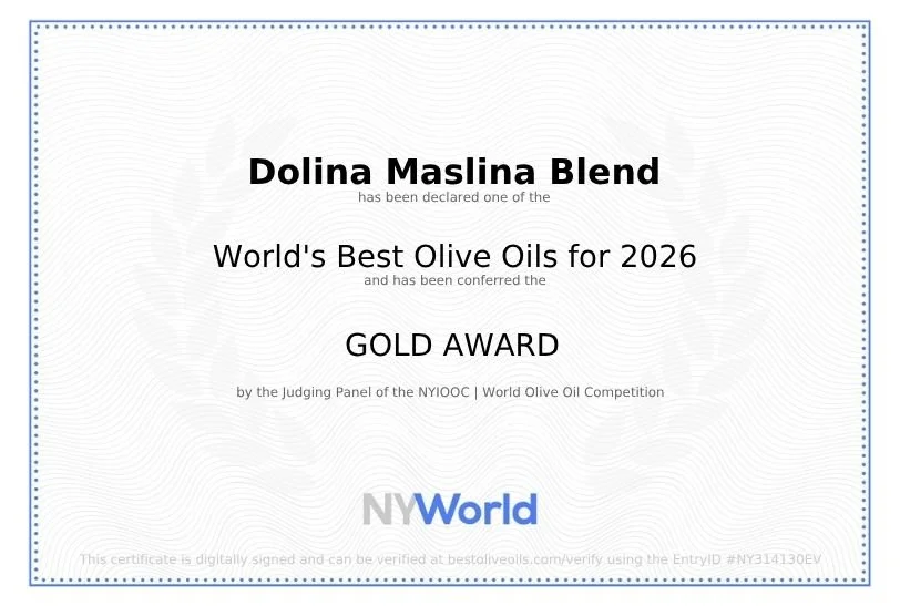Certificate awarded to Dolina Maslina Blend for Gold Award in the World's Best Olive Oils for 2026 at the NYIOOC, World Olive Oil Competition.