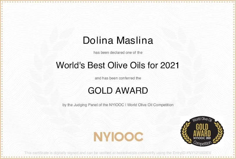 Certificate awarded to Dolina Maslina for being one of the world's best olive oils in 2021, conferred with a gold award by the NYIOOC World Olive Oil Competition.