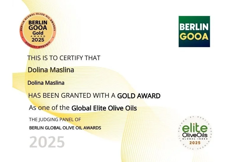Certificate awarded to Dolina Maslina for a gold award at the Berlin Global Olive Oils 2025 competition, part of the Berlin GOOA awards, with logos of Berlin GOOA and Elite Olive Oils.