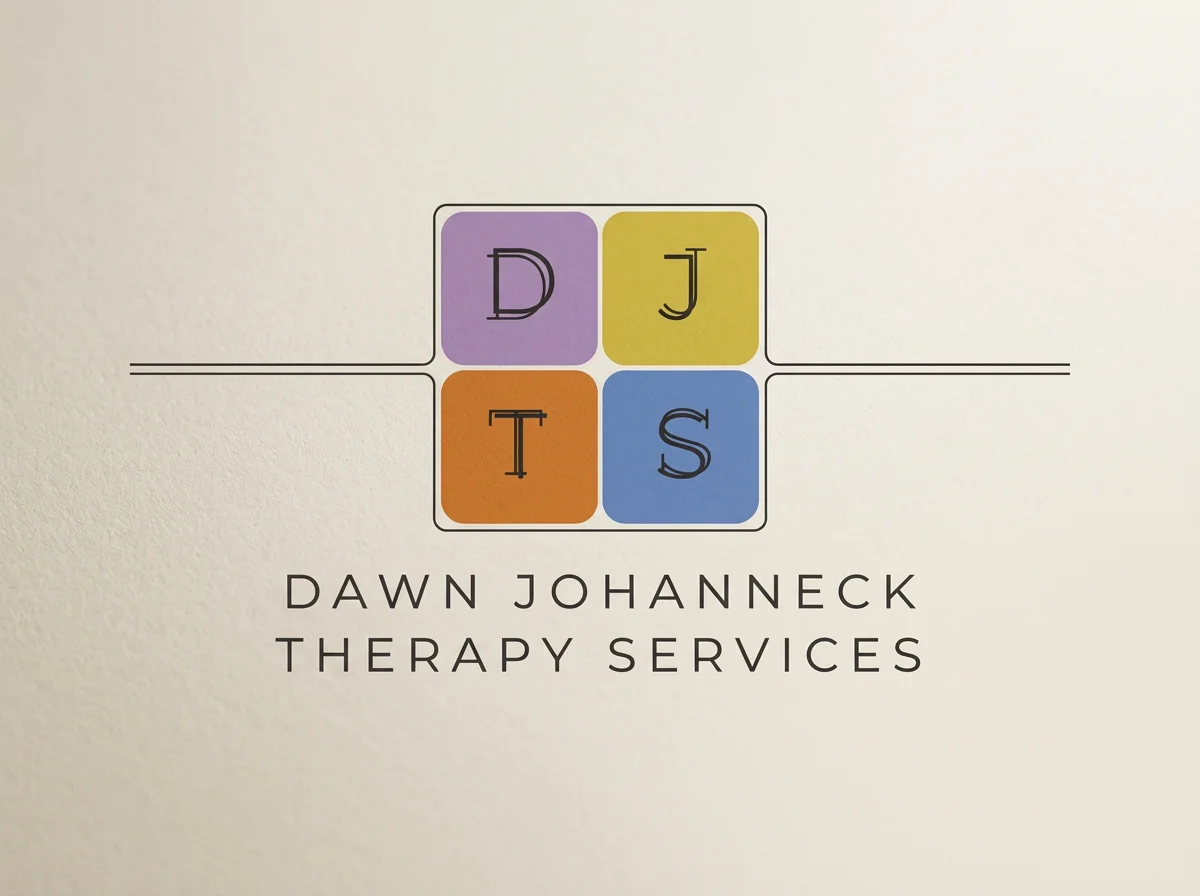 Logo for Dawn Johanneck Therapy Services featuring four colored squares with letters D, J, T, S, and the business name underneath.