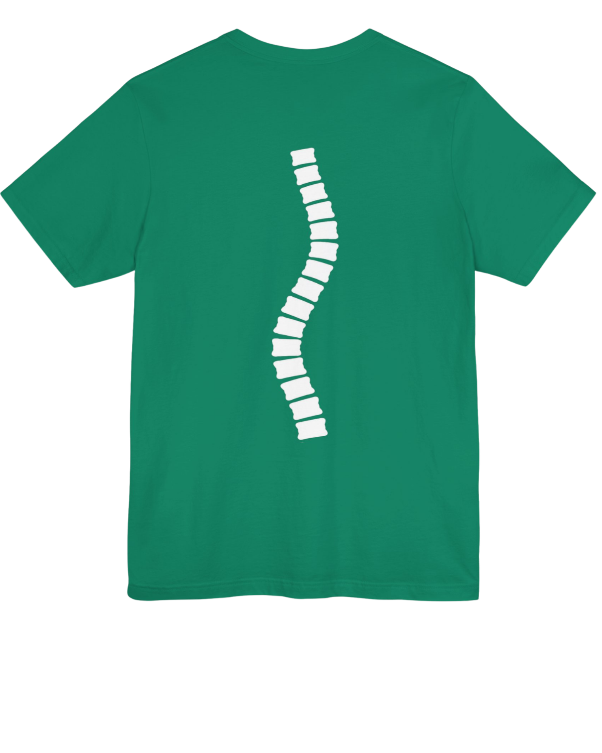 Green t-shirt with a white stylized spine illustration on the back.