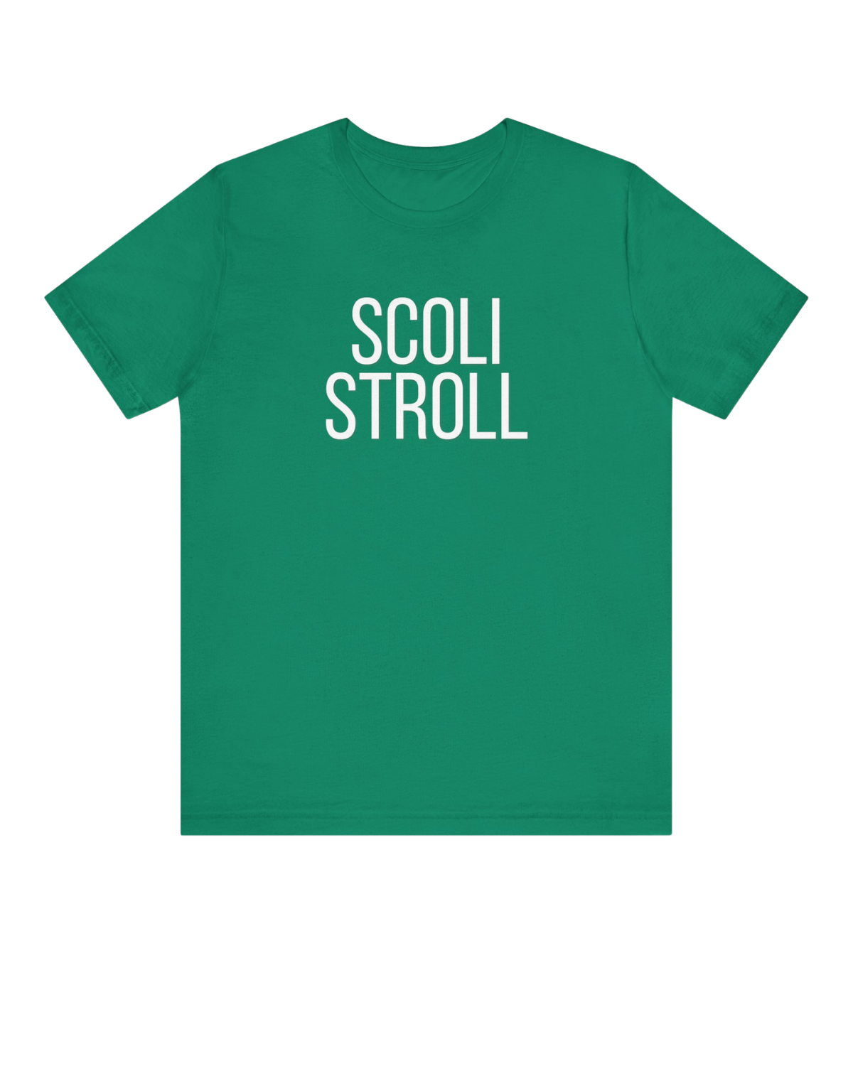 Green T-shirt with white text that reads 'SCOLI STROLL'.