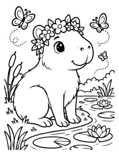 Magical animal coloring page featuring a friendly animal wearing a flower crown beside a pond with water lilies and butterflies
