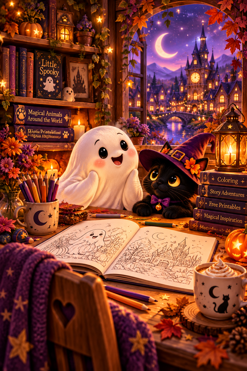 Cozy Whimsy Hollow creative studio featuring a friendly little ghost and black cat at a desk with an open coloring book, colored pencils, magical books, glowing lanterns, autumn leaves, and a moonlit enchanted village outside the window..