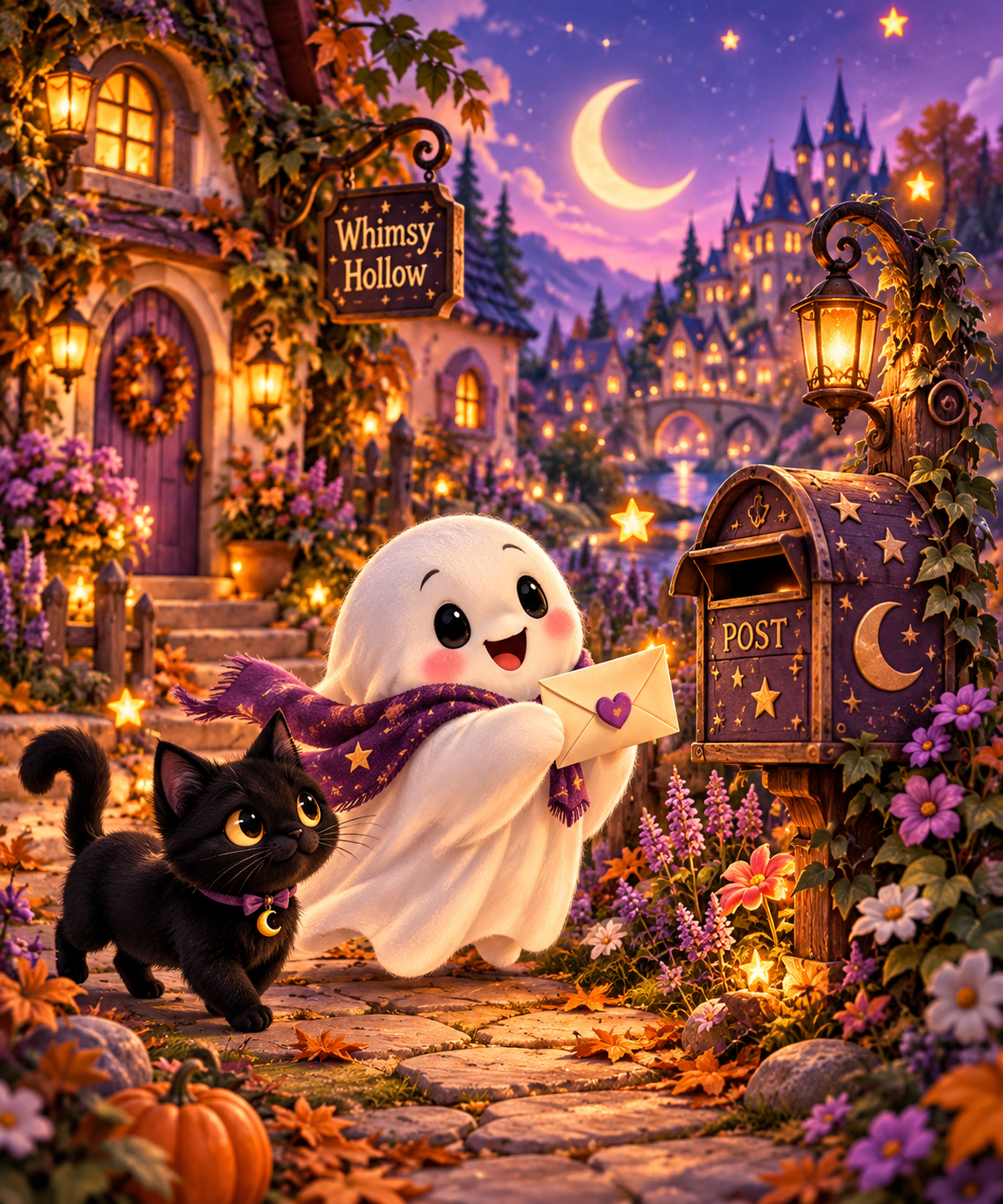 A cute animated ghost holding an envelope with a purple heart, accompanied by a black kitten wearing a purple collar with a moon charm, in front of a whimsical mailbox decorated with stars and moons, surrounded by autumn flowers, pumpkins, and glowing lanterns under a purple sky with crescent moon and stars.